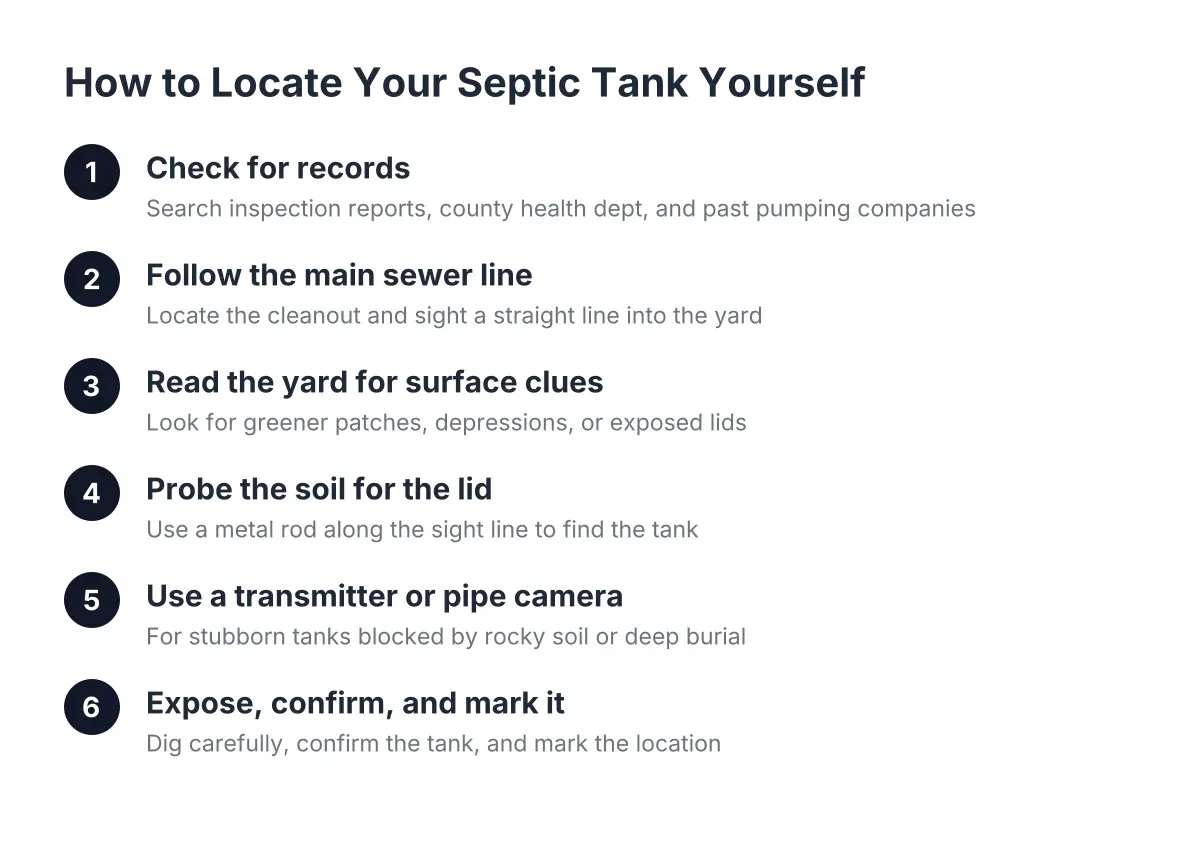 Steps to locate septic tank yourself without records, from checking documents to marking it