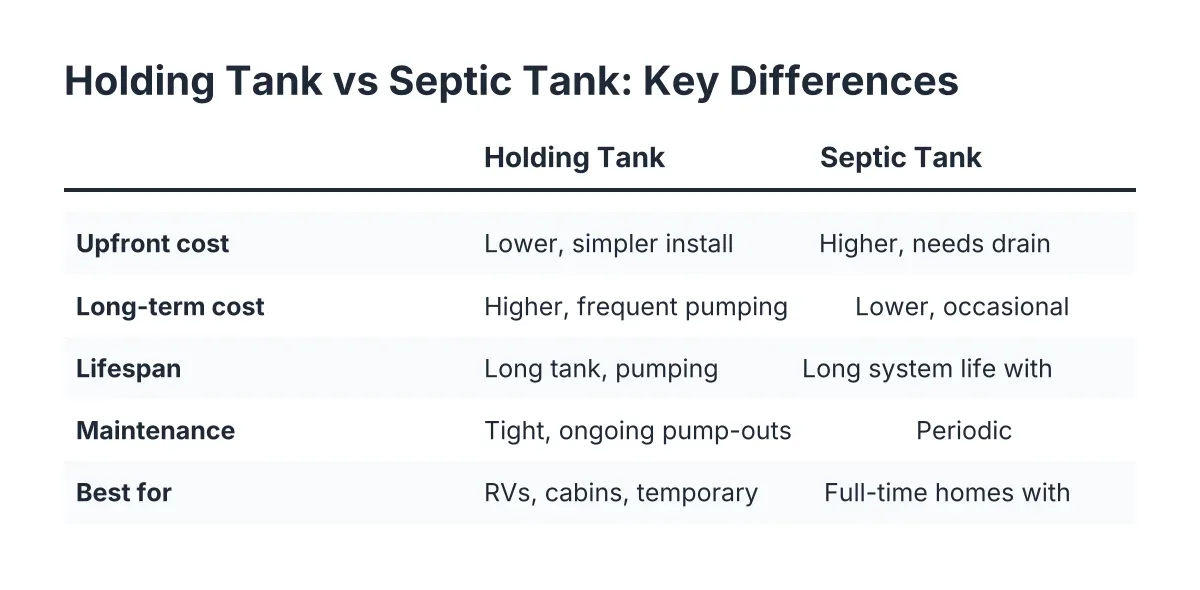 Comparison chart of holding tank vs septic tank across cost, lifespan, installation, maintenance, and best use