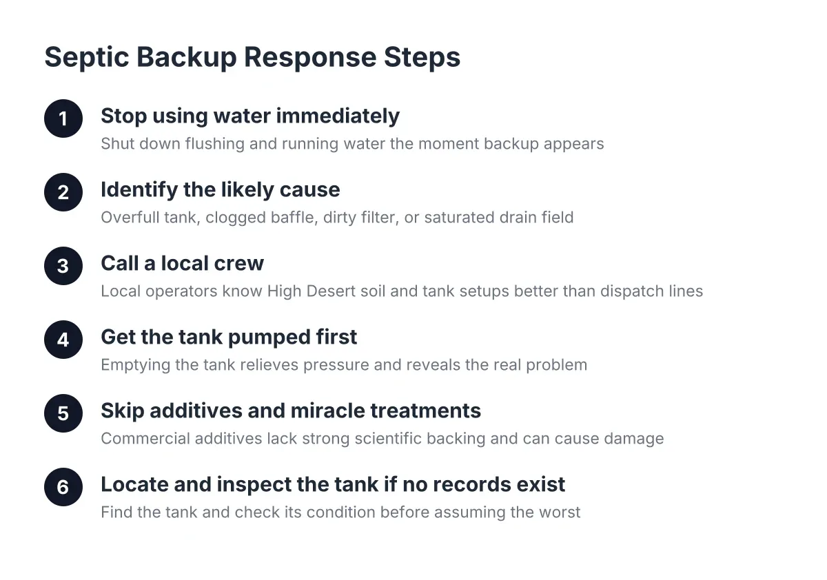 Numbered diagram of septic backup response steps for a failed system in Hesperia