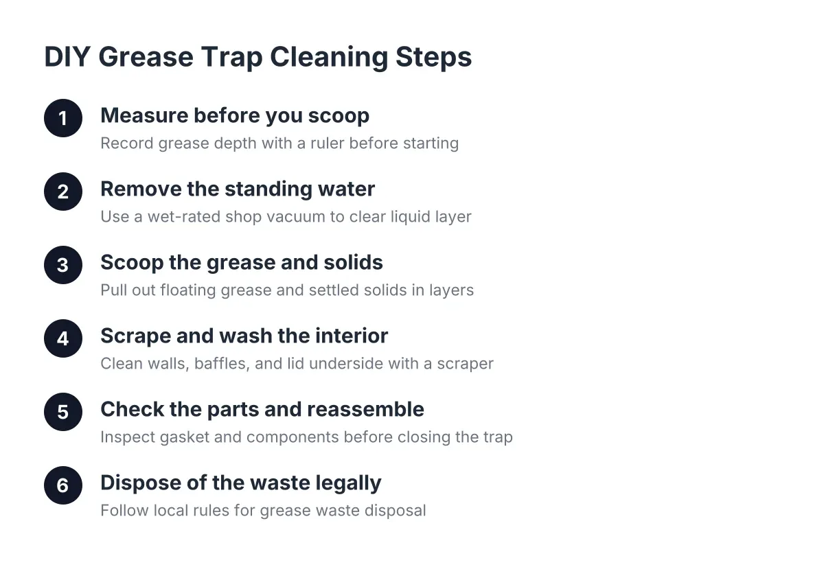 Six numbered steps for DIY grease trap cleaning from measuring to waste disposal
