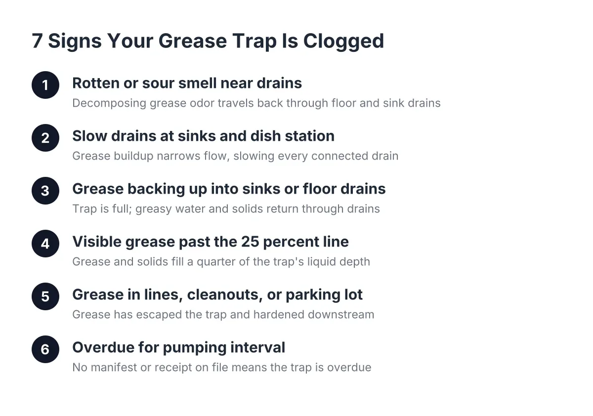 Sequence of signs a grease trap is clogged, from odor to overdue pumping