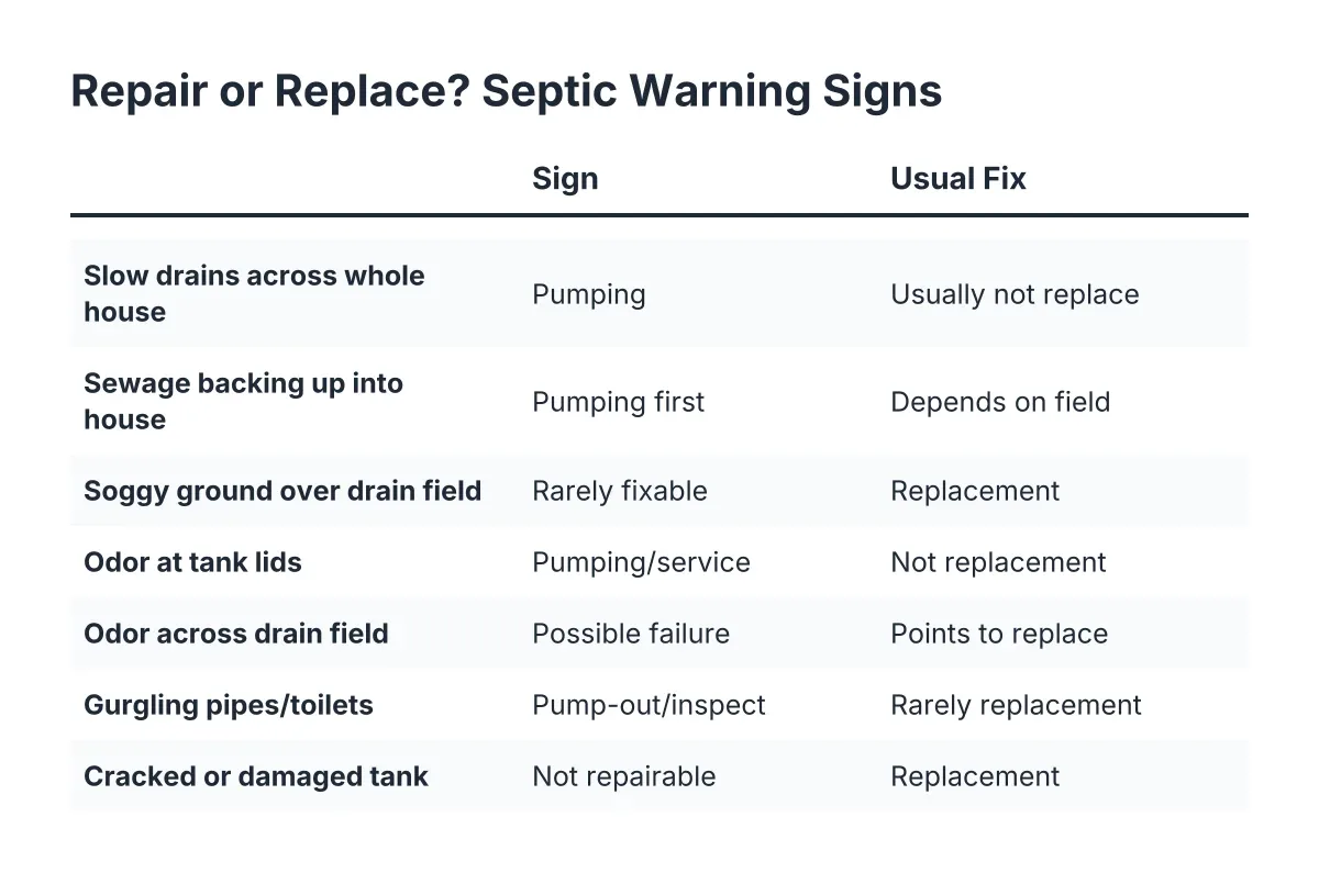 Checklist comparing septic system signs pointing to repair versus replacement