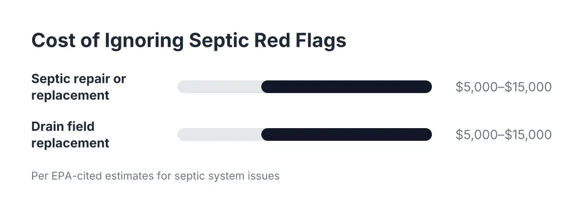 Cost range chart showing $5,000–$15,000 septic repair estimates from septic inspection red flags