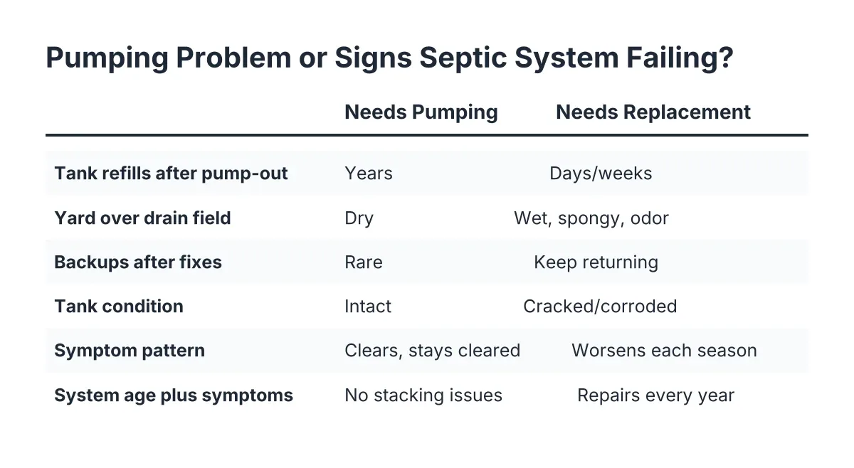 Checklist comparing signs a septic system just needs pumping versus signs it needs replacement