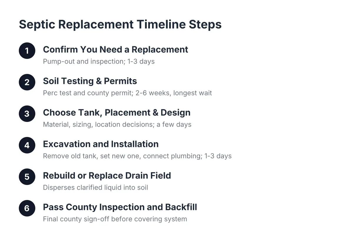 Steps in the septic replacement timeline from inspection to final county inspection