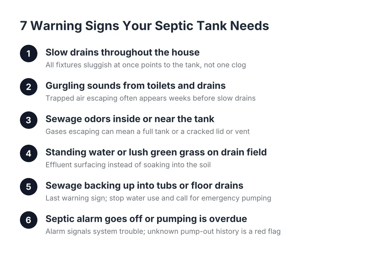 Sequence of septic backup warning signs from slow drains to sewage backup
