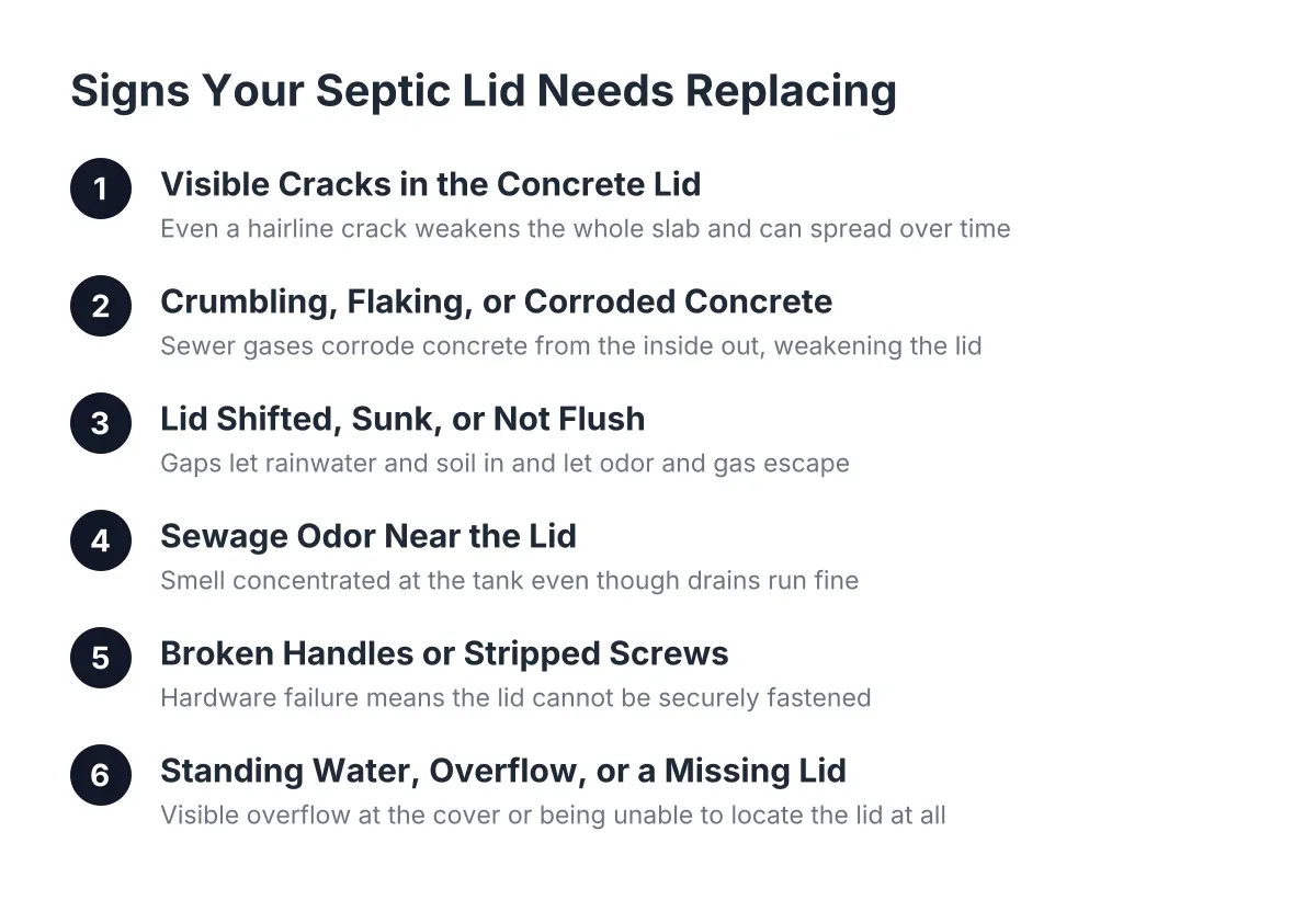 Diagram listing signs a cracked septic lid needs replacement, from cracks to missing lids