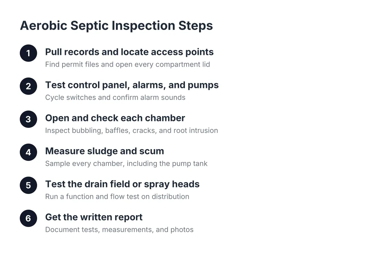 Diagram of aerobic septic inspection steps from records to written report