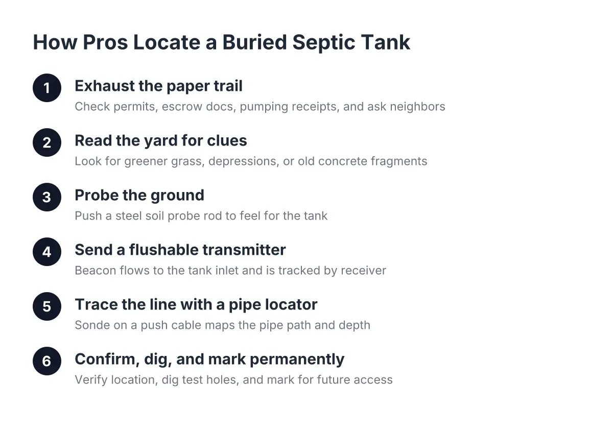 Diagram of six steps in septic tank locating equipment process from paper trail to marking