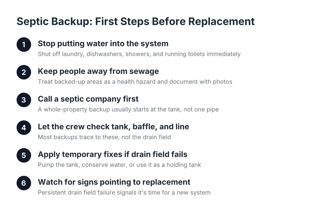 Steps for handling a septic backup temporary fix before replacement in Hesperia