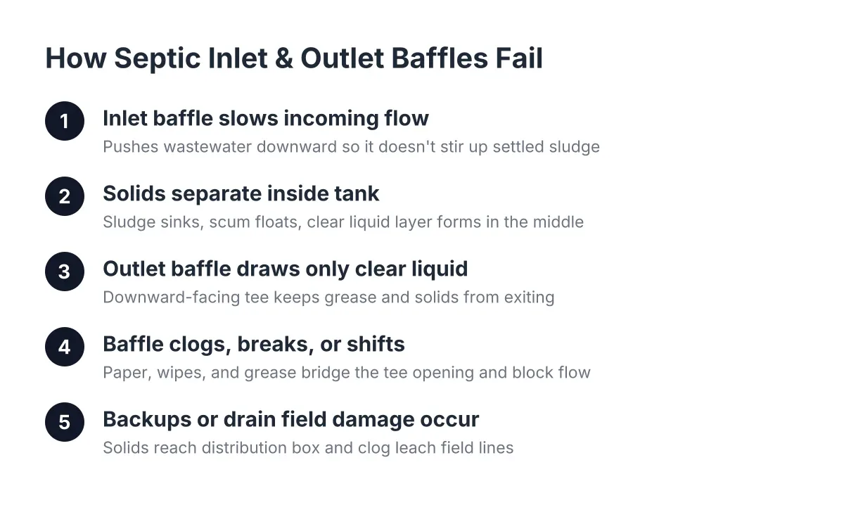 Diagram of septic tank baffle failure showing how inlet and outlet baffles work and fail