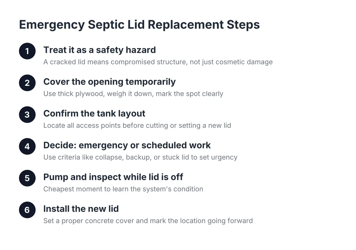 Six-step process diagram for emergency septic lid replacement from hazard to installation