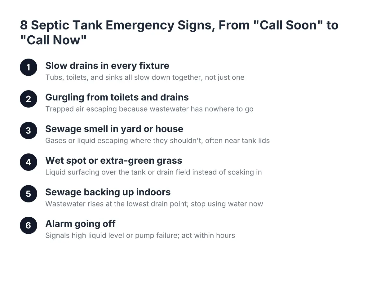 Sequence of septic tank emergency signs from slow drains to alarm sounding